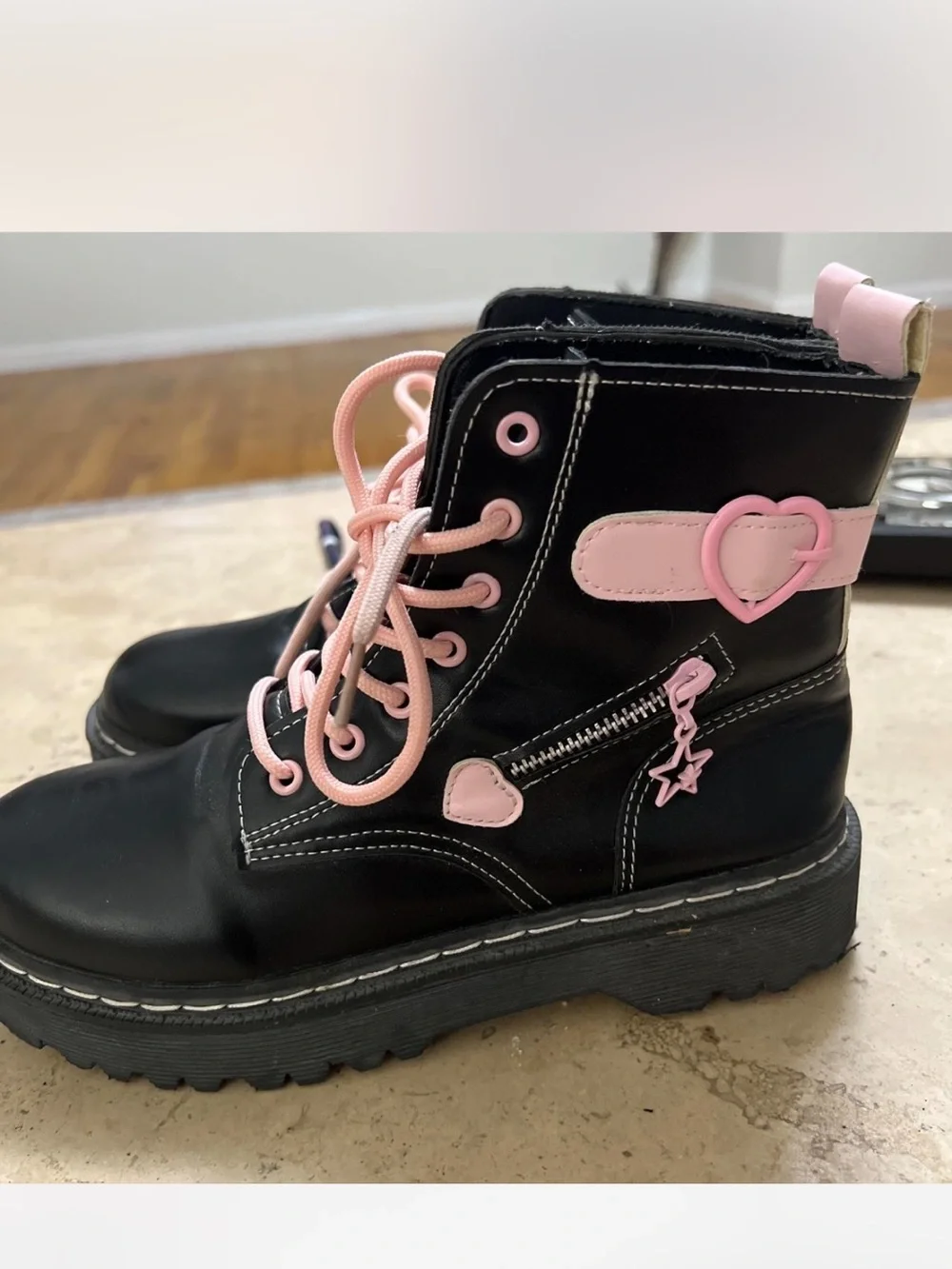 Black Combat Boots with Pink Laces